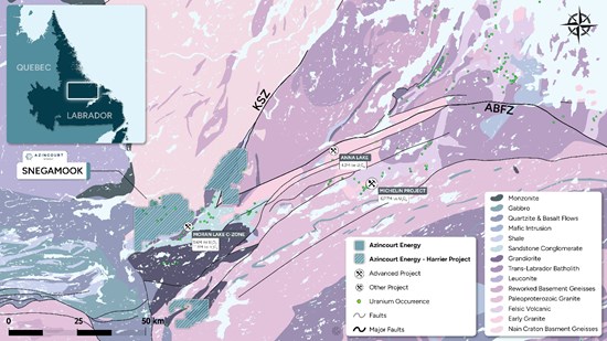 Figure 1: Azincourt land position overlain on the geology of the Central Mineral Belt, Labrador, Canada.  Known uranium deposits and reported mineral resources are also shown. **