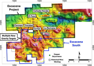 Figure 1 – Escacena Project gravity anomaly map showing Cañada Honda, La Romana, Escacena South (expanded) and priority exploration targets (CNW Group/Pan Global Resources Inc.)