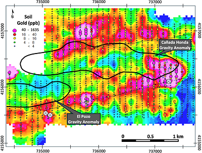 Figure 4 – Soil gold geochemistry and priority target areas across the Cañada Honda and El Pozo corridor (CNW Group/Pan Global Resources Inc.)