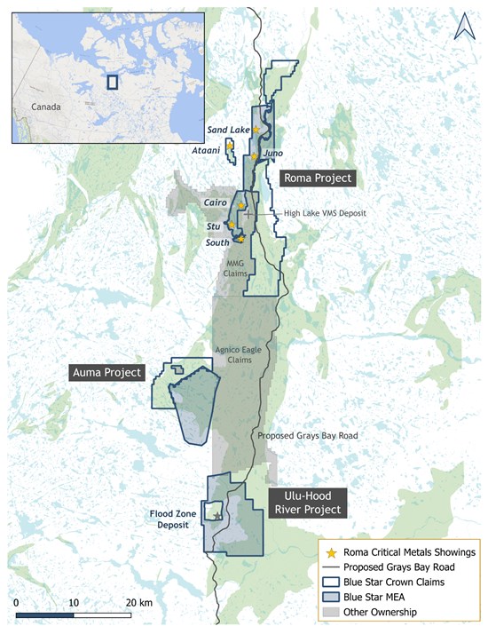 Figure 1: Blue Star's Land Holdings Showing 2026 Critical Metal Exploration Areas.