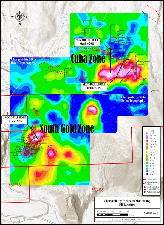 Figure 1: Proposed Diamond Drill Holes; the 2 holes in the Cuba Zones target chargeability highs (more than 12 ms) at 500 m depth while the 1 hole in the South Gold Zone targets a chargeability high (more than 12 ms) at 300 m.