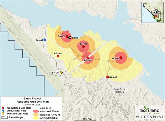 Figure 1: Location of BA-006 and planned drillholes with the 2025 MRE outline.