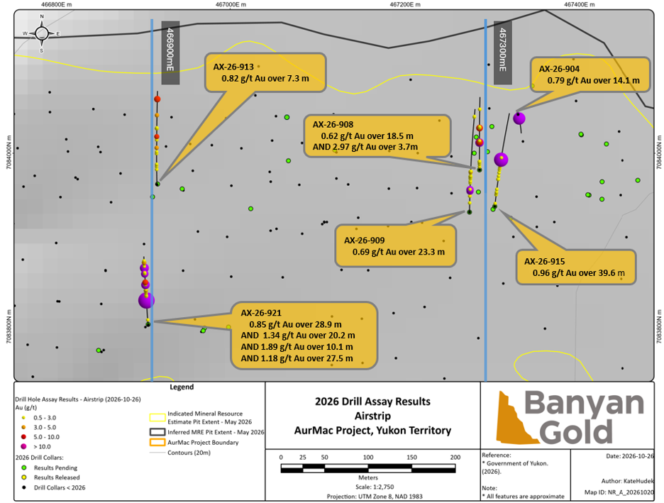 Figure 1: Plan map of AurMac, Yukon, Canada. Results for drillholes AX-26-904, -908, -909, -913, -915 and -921 are reported in Table 1. A plan map of Airstrip (Figure 2) and cross-sections (Figures 3 and 4) show the detailed distribution of drillholes in Airstrip and the geometry of high-grade mineralization.